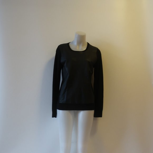 Womens DKNY Black Label Black Mixed Media Wool Leather Sweater M * - Picture 6 of 10